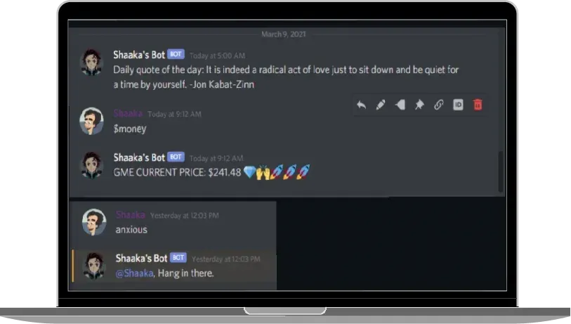 Discord conversation showing the bot replying with a stock price